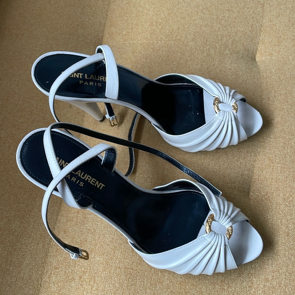Saint Laurent Paris cream leather ankle strap heel